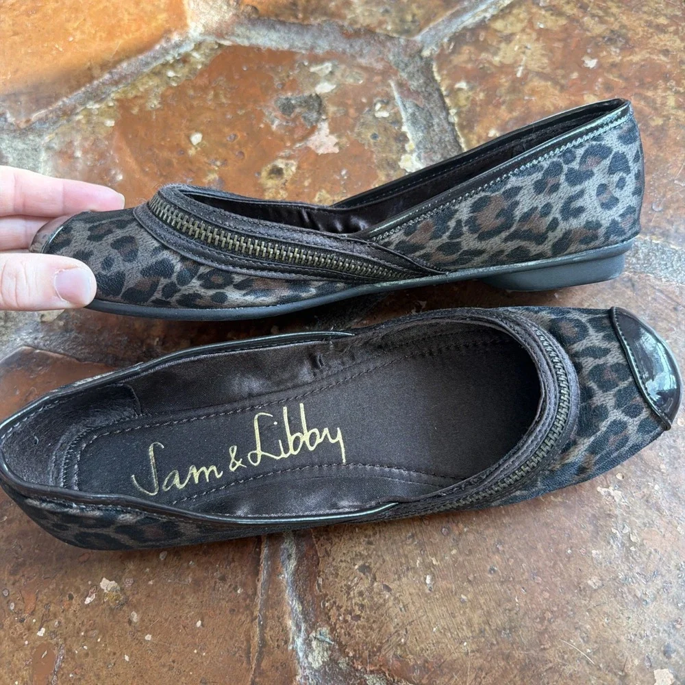 Sam & Libby Leopard W/ Zipper Accent Ballet Flat Slip On Women's Size 7 M